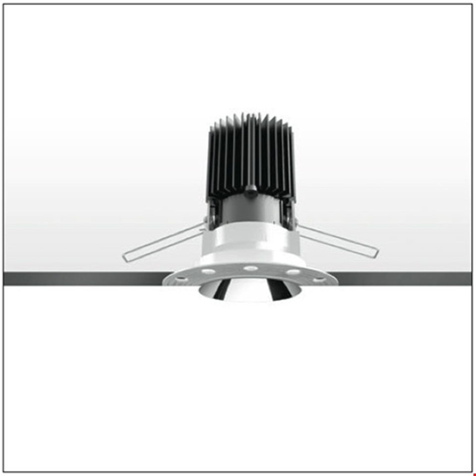 Artemide Everything 105 Trimless recessed LED downlight with white round bezel, black heat sink fins, and spring mounting clips