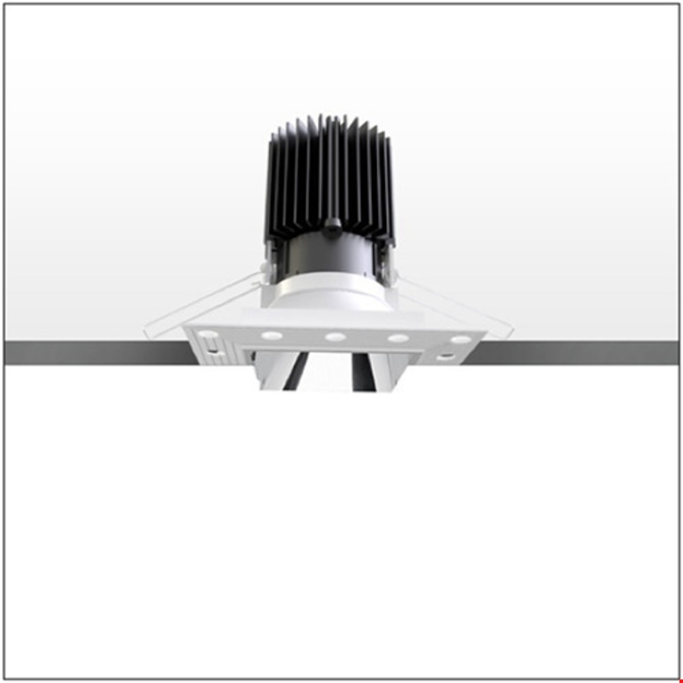 Artemide Everything 105 Trimless recessed LED downlight, square white frame flush with ceiling, black heat sink visible above