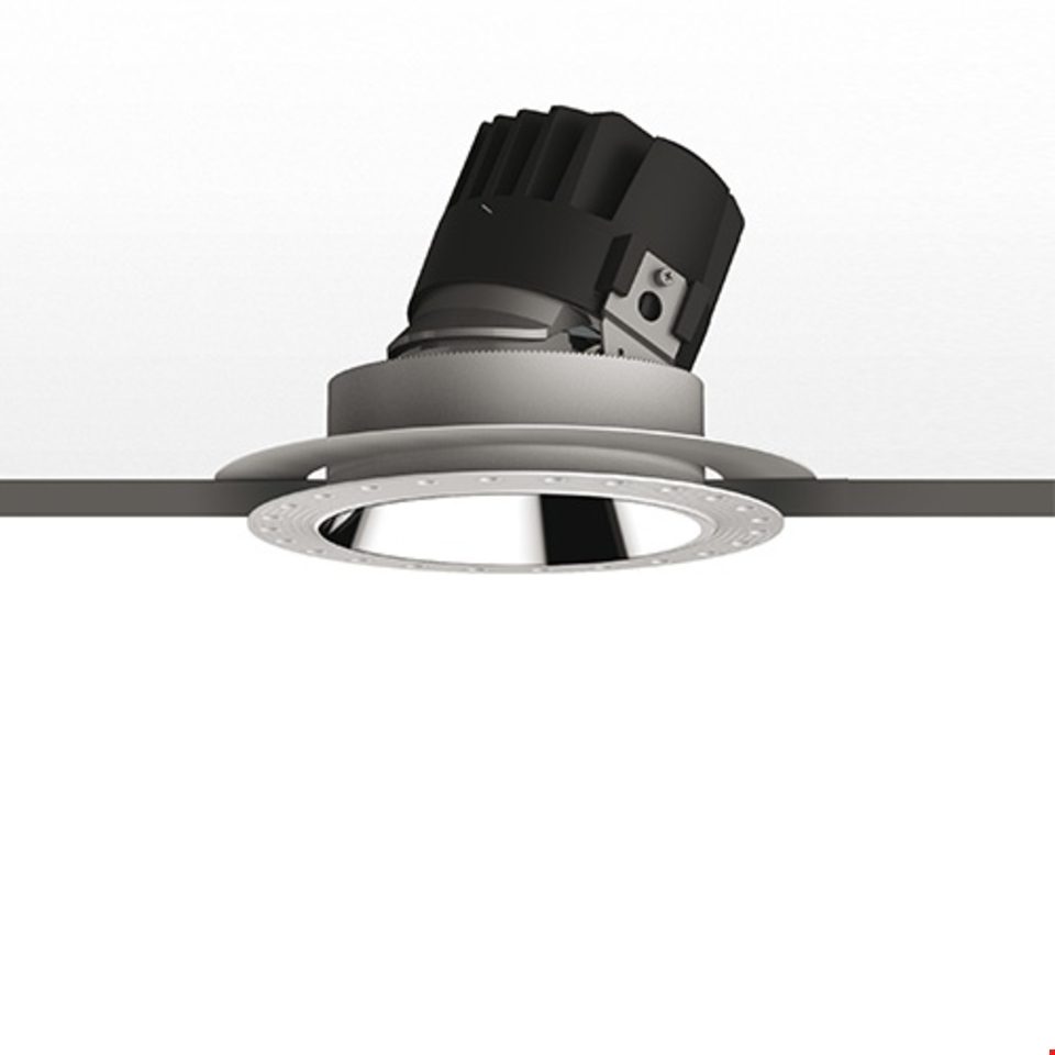 Artemide Everything 150 Trimless recessed ceiling spotlight with adjustable black module, chrome reflector, and flush silver trim ring