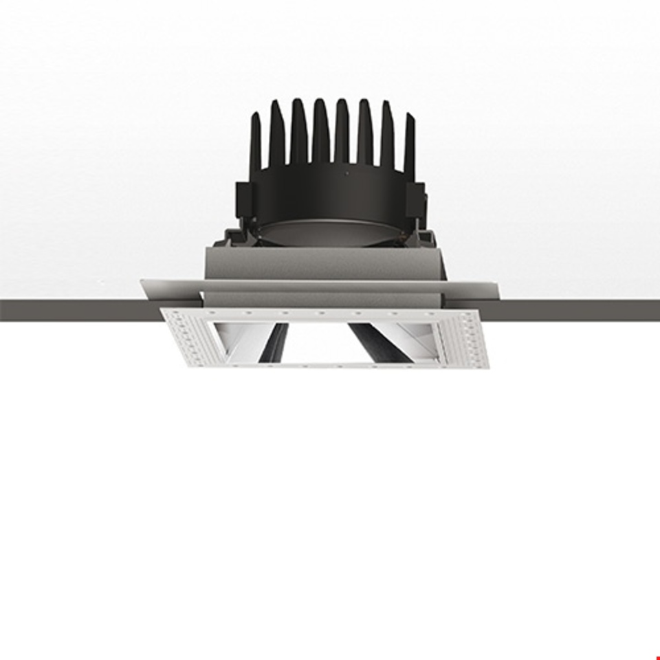 Artemide Everything 150 Trimless recessed ceiling spotlight with square white frame, black heat sink, and adjustable LED module