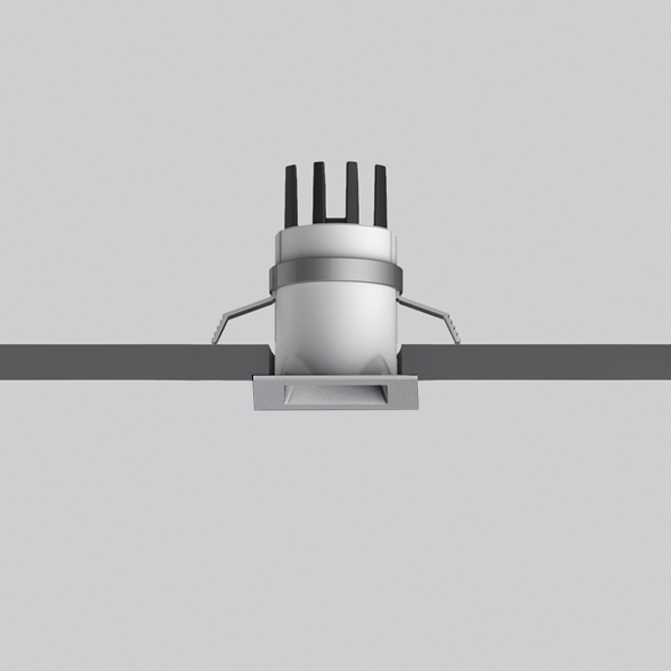 Artemide Everything 35 recessed ceiling spotlight, square trim, aluminum finish, shown with mounting hardware above ceiling plane
