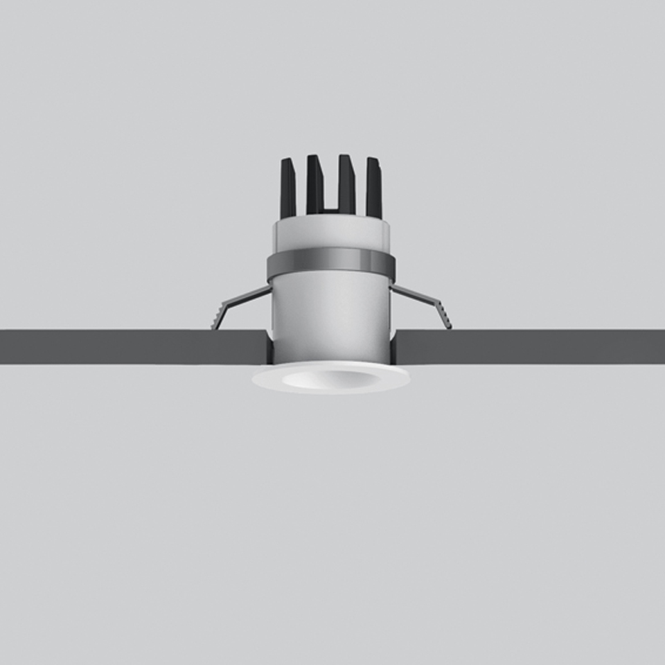 Artemide Everything 35 recessed LED downlight, white round trim, flush ceiling mount with spring clips and heat sink fins