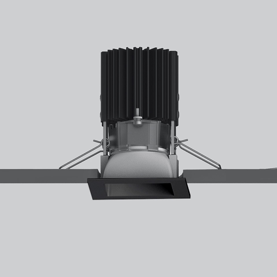 Artemide Everything 55 recessed spotlight, square black trim, adjustable LED module with black finned heat sink, flush ceiling mount