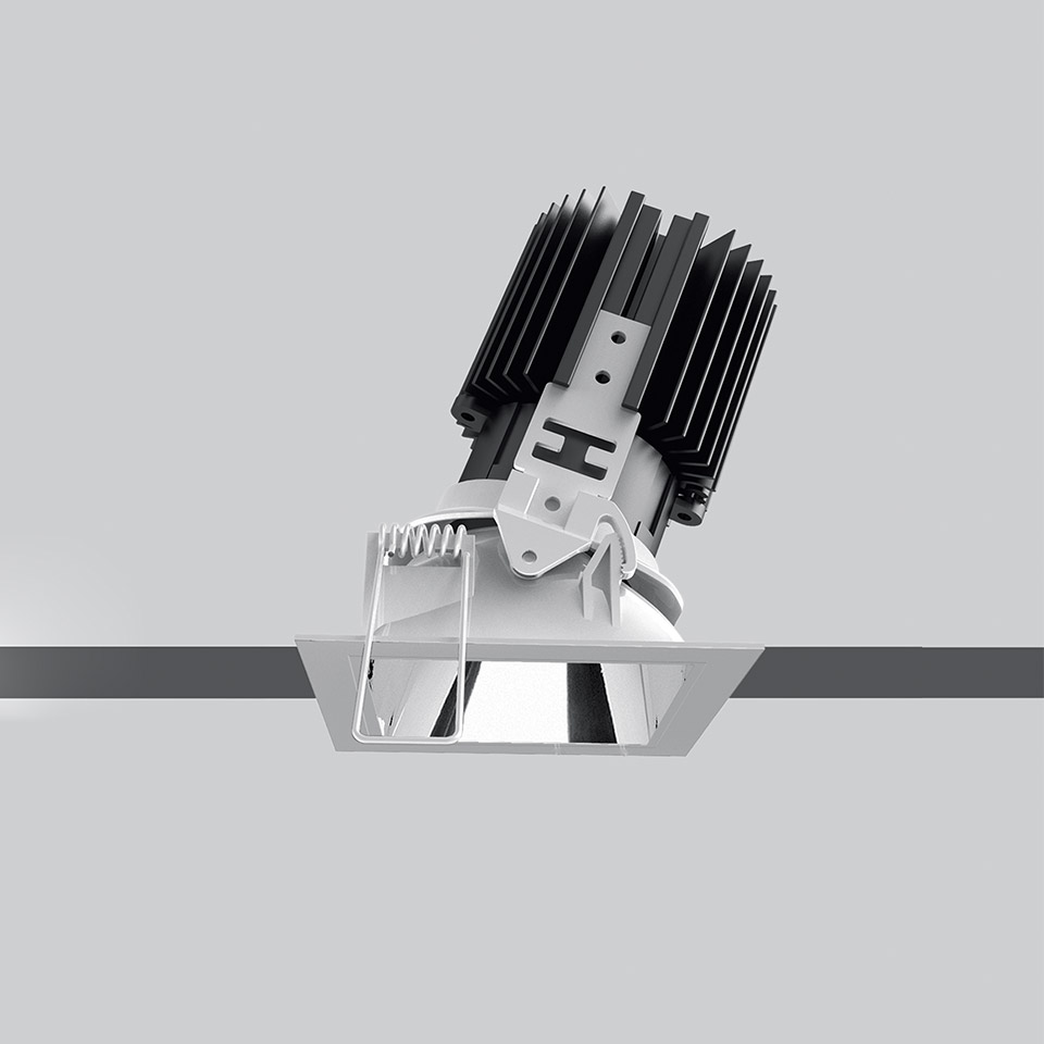 Artemide Everything 80 Trim: square recessed LED spotlight with adjustable black heat sink module and chrome reflector