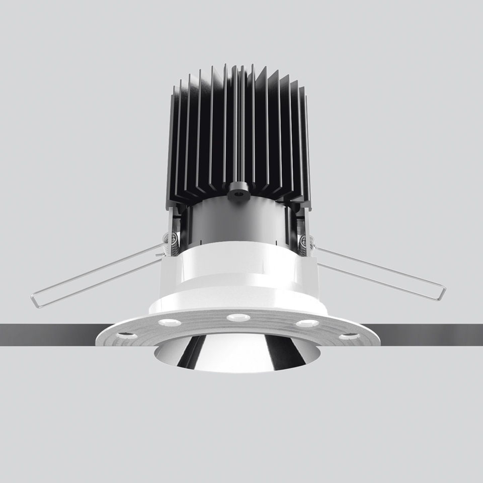 Artemide Everything 80 Trimless recessed LED downlight with white round bezel, chrome reflector, and black finned heat sink