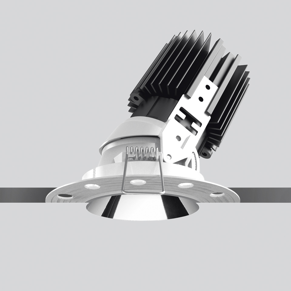 Artemide Everything 80 Trimless recessed LED spotlight with adjustable black heat sink, white round frame, and chrome reflector