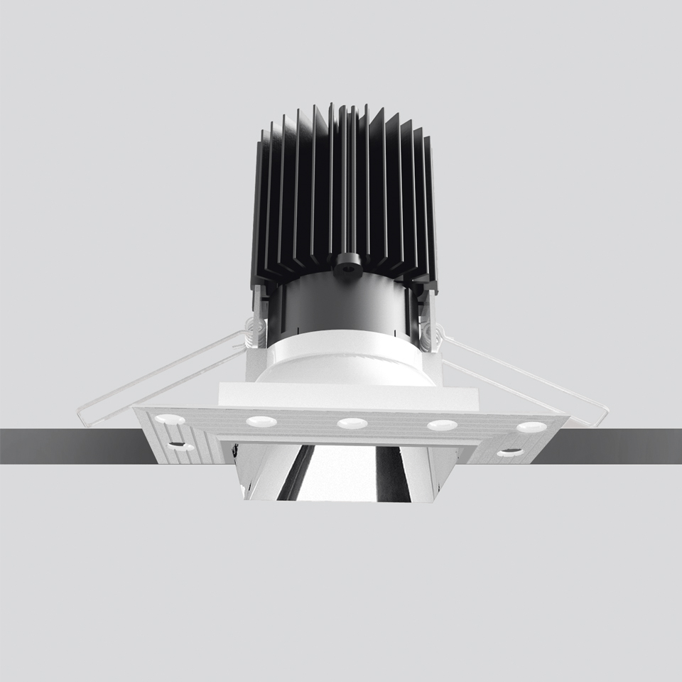 Artemide Everything 80 Trimless square recessed LED downlight with white frame, adjustable lamp head, and black heat sink
