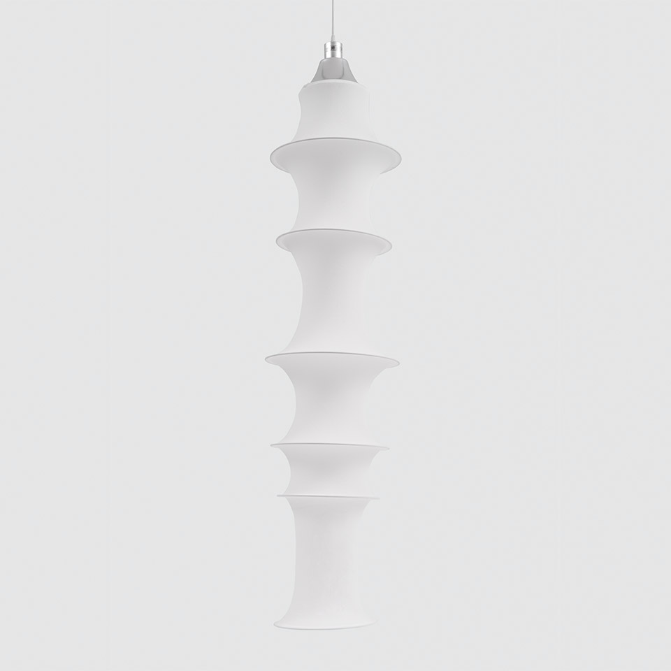 Artemide Falkland pendant lamp: tall white fabric diffuser with six stacked conical rings, suspended by a silver ceiling canopy