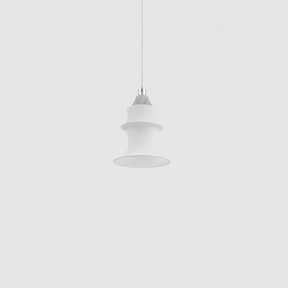 Artemide Falkland pendant lamp in white, featuring a tiered cylindrical shade suspended by a thin cord with chrome fitting
