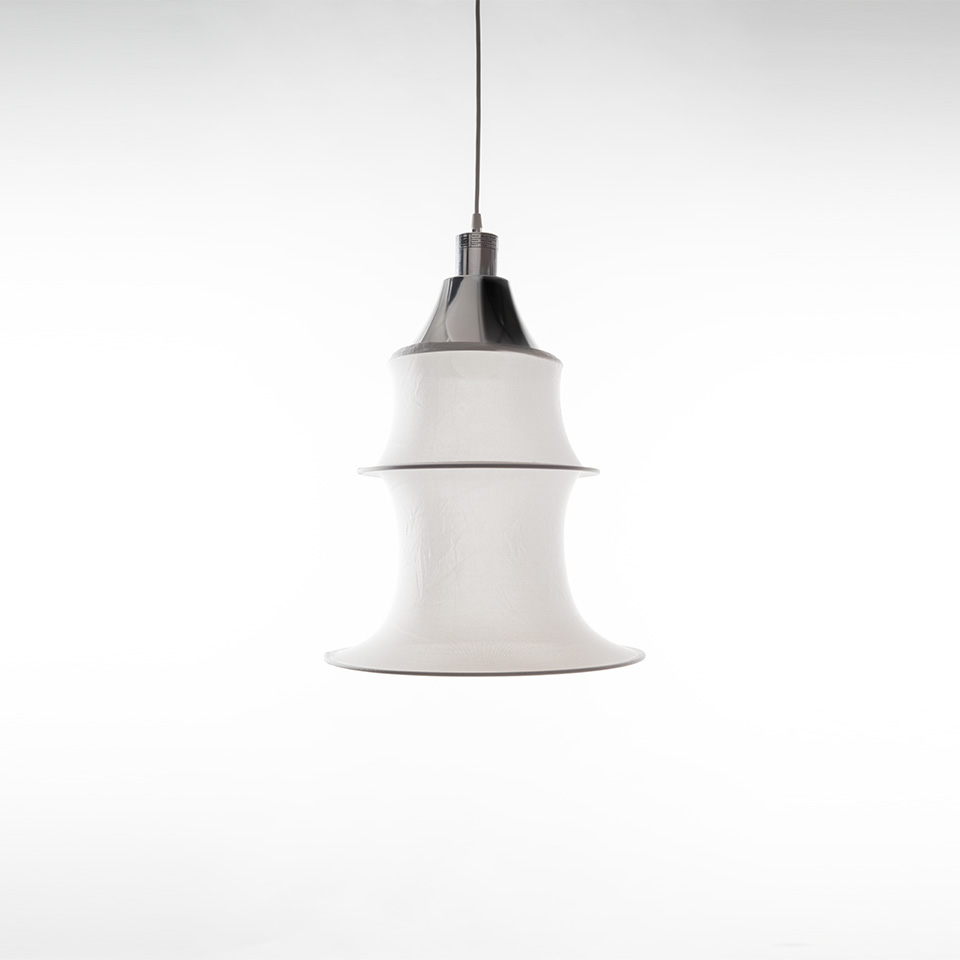 Artemide Falkland pendant lamp: white tiered cylindrical shade with chrome top cap, suspended by a thin black cord - 2