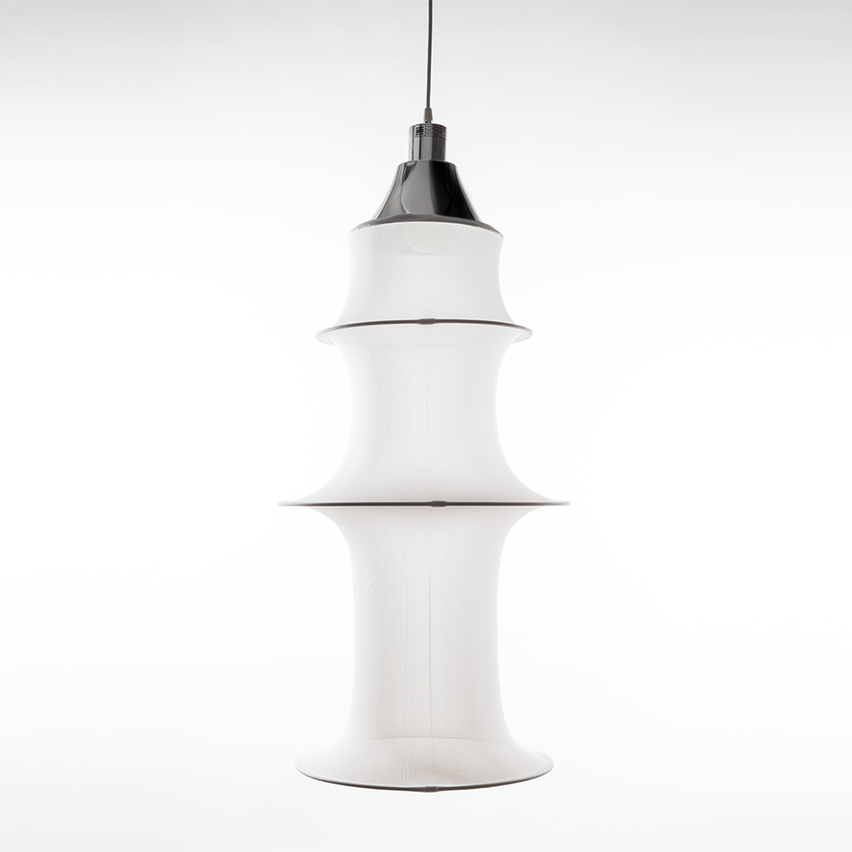 Artemide Falkland pendant lamp: white fabric cylindrical shade with three stacked sections and black metal top canopy on cord - 2