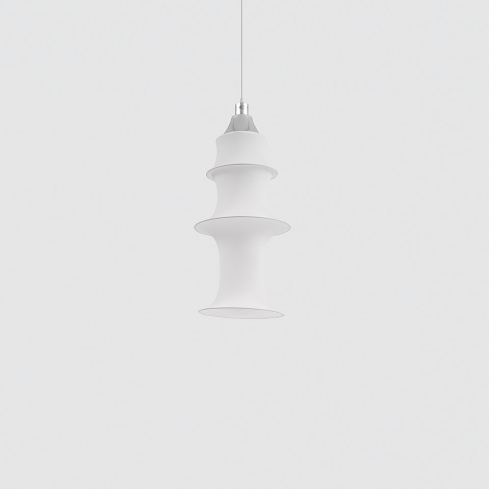 Artemide Falkland pendant lamp: white multi-tiered conical shade with stacked rings, suspended by a thin cord with chrome canopy