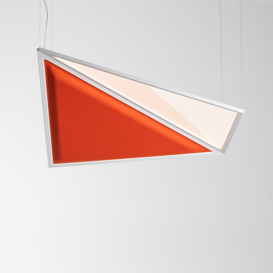 Artemide Flexia pendant lamp: triangular white frame with illuminated diffuser panel and vibrant orange acoustic fabric insert, suspended by cables