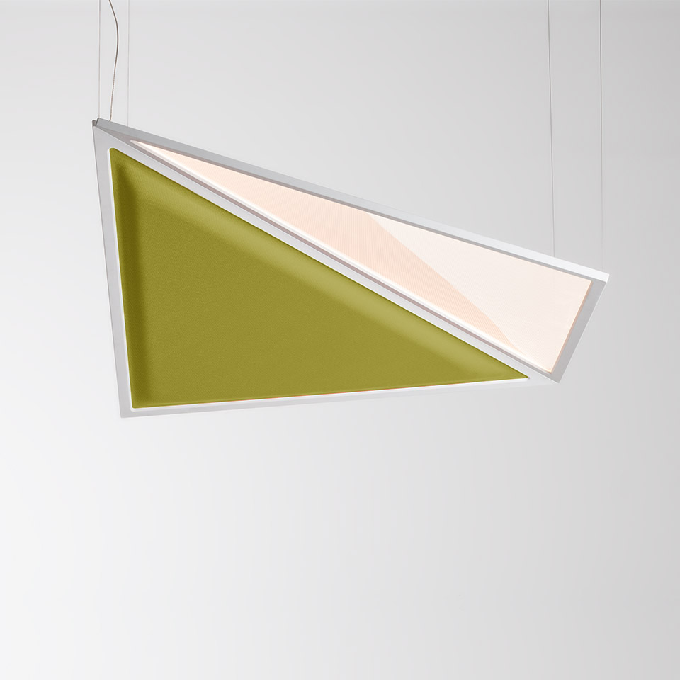 Artemide Flexia pendant lamp: rectangular white frame with olive-green triangular acoustic panel and warm white LED diffuser