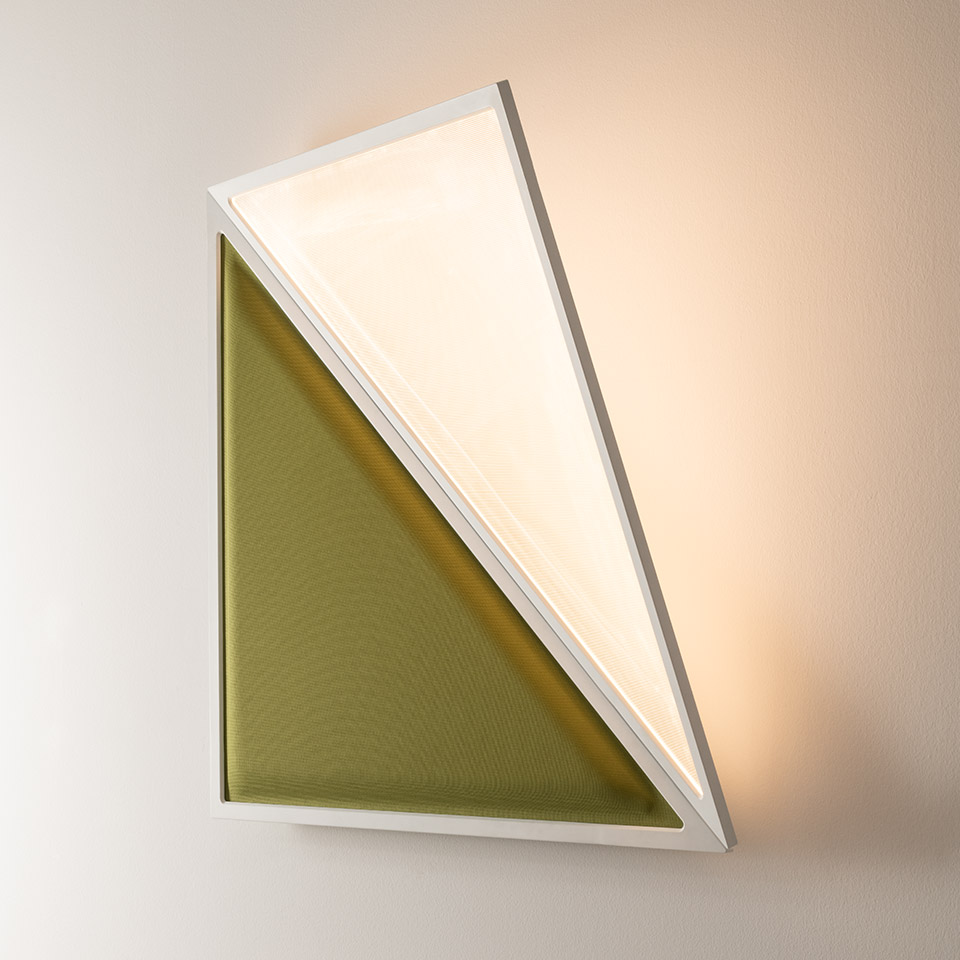 Artemide Flexia wall lamp: geometric triangular design with white LED diffuser panel and olive green acoustic fabric insert