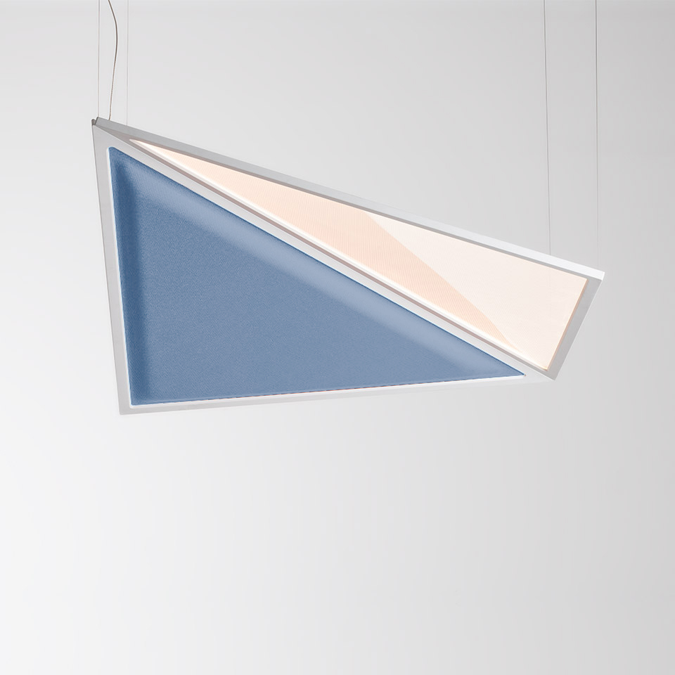 Artemide Flexia pendant lamp: triangular white frame with blue acoustic panel and warm white illuminated diffuser, suspended by cables