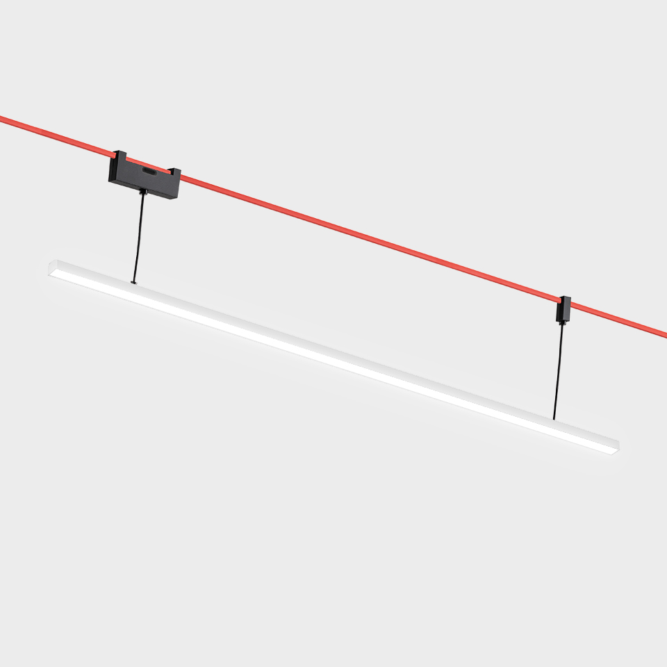 Artemide Funivia LED linear pendant lamp, slim white diffuser suspended from red cable system with black connectors