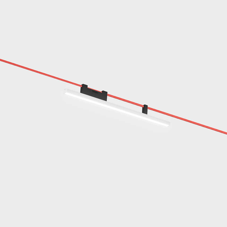 Artemide Funivia LED linear suspension lamp, slim white bar with black mounts, suspended on red cables against white background