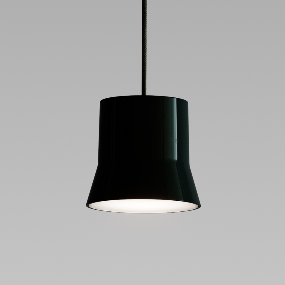 Artemide Giò Light suspension lamp: glossy black truncated cone shade with white inner diffuser, hanging from black textile cord