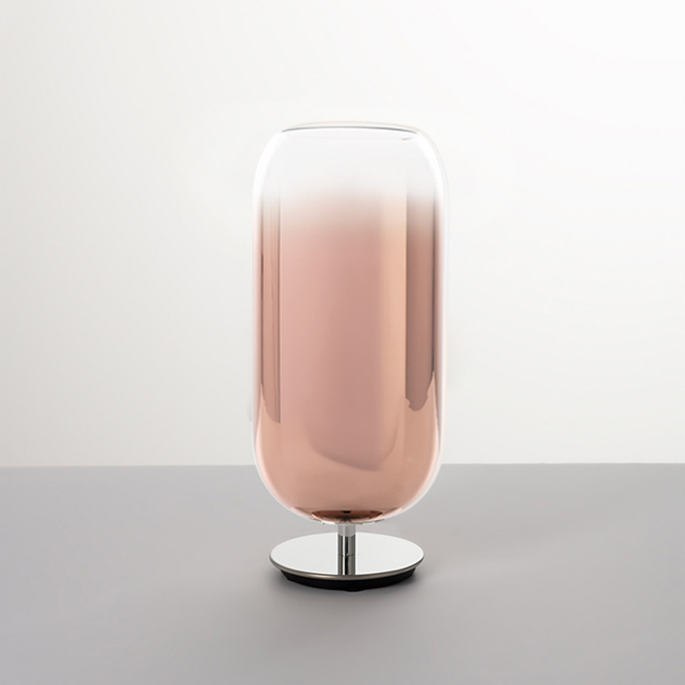 Artemide Gople table lamp: tall cylindrical blown glass diffuser in gradient rose-pink, on a polished chrome circular base
