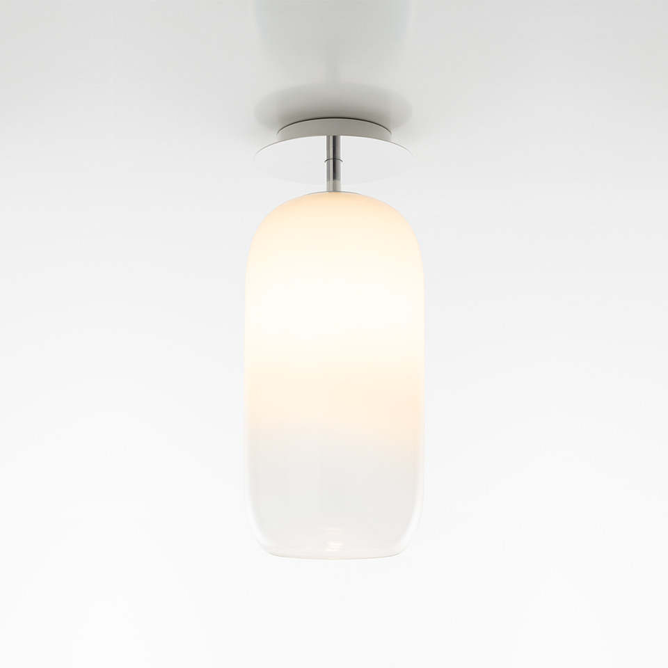 Artemide Gople ceiling lamp with oval opal white blown glass diffuser and chrome metal stem mount
