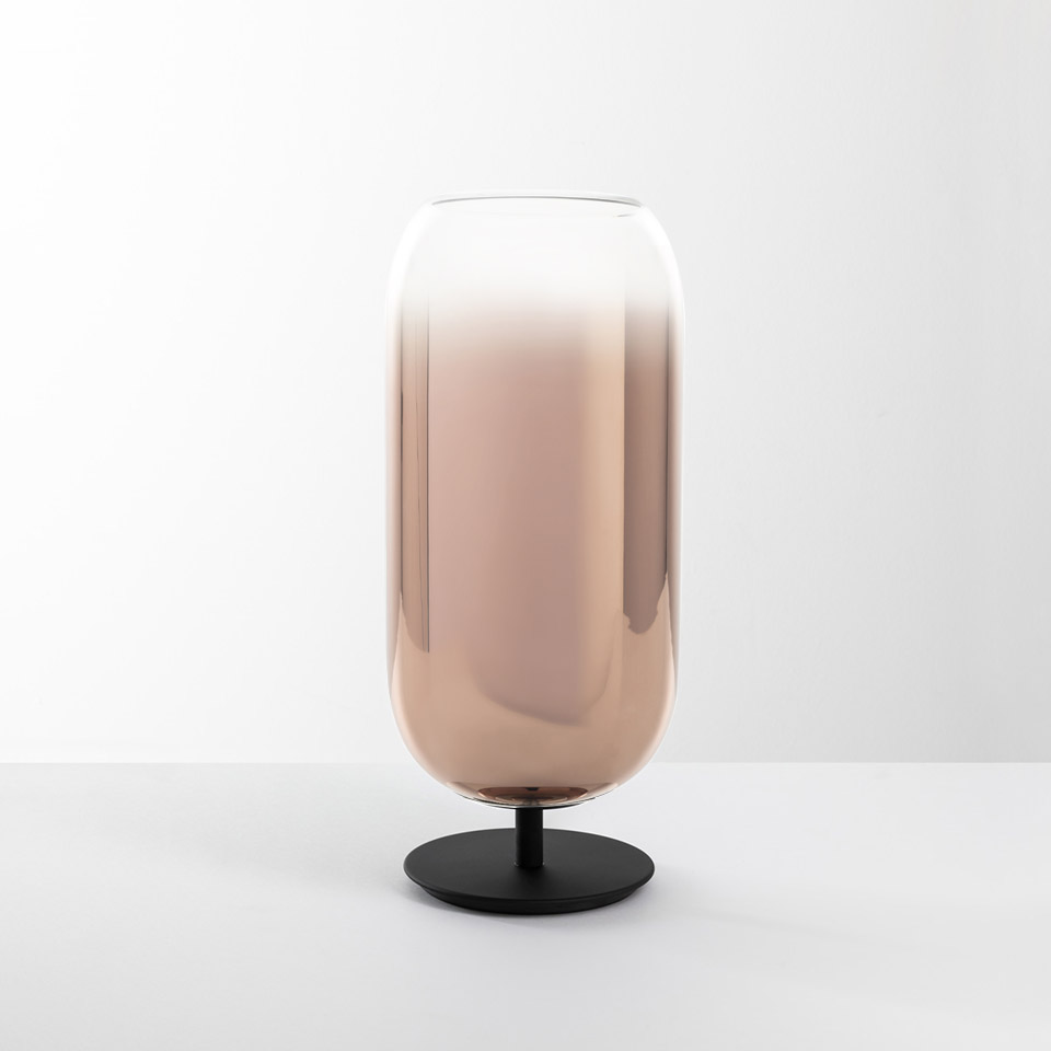 Artemide Gople table lamp: tall cylindrical blown glass shade in bronze gradient, on a round black metal base