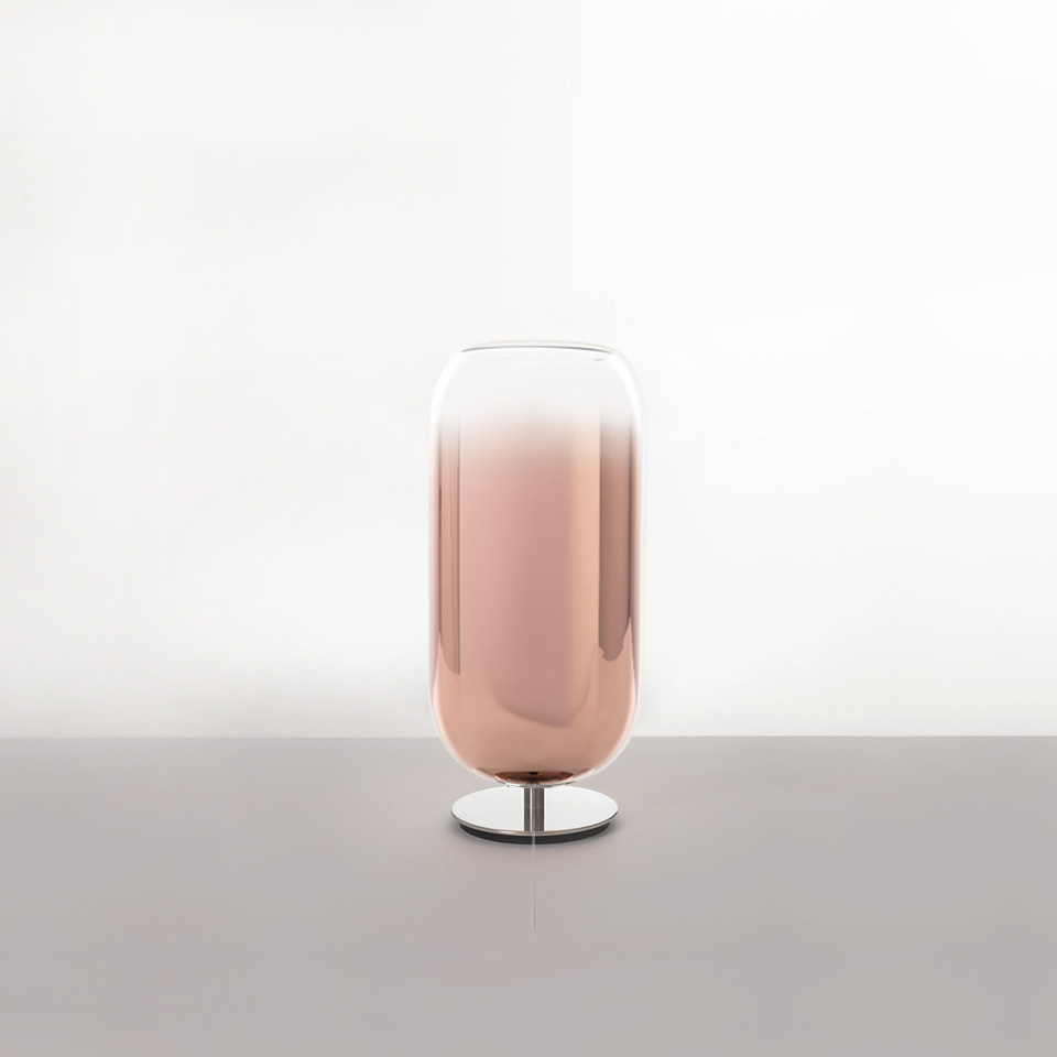Artemide Gople table lamp with rose-tinted blown glass shade graduating from clear to pink, on a polished chrome base