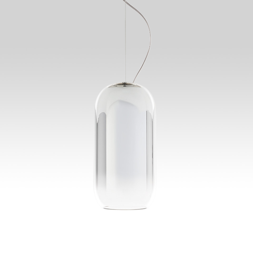 Artemide Gople pendant lamp: tall capsule-shaped clear glass diffuser with inner white opal glass shade, suspended by a steel cable - 2