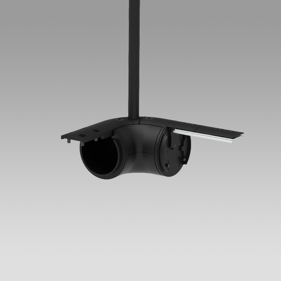 Artemide Gople System: black ceiling canopy with curved elbow joint and track connector, suspended from a rod for modular lighting installation