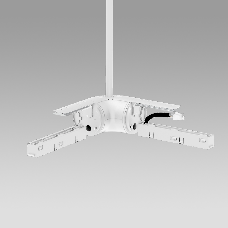 Artemide Gople System white T-shaped ceiling suspension junction node with two horizontal track arms and central cable drop