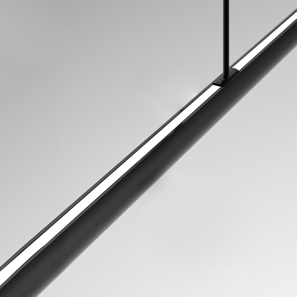 Artemide Gople System: sleek black cylindrical pendant lamp with a narrow continuous LED light strip along its length