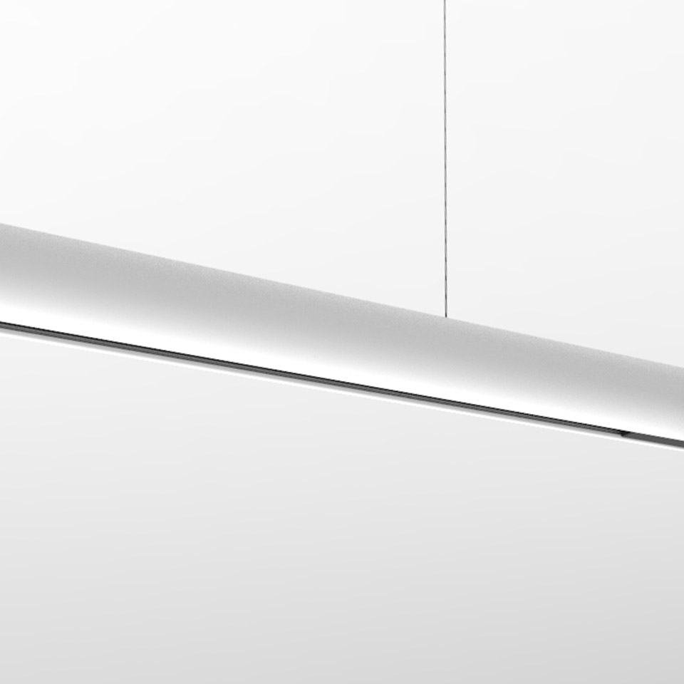 Artemide Gople System pendant lamp: sleek white cylindrical linear fixture suspended by thin cables, with a narrow light-emitting slot.