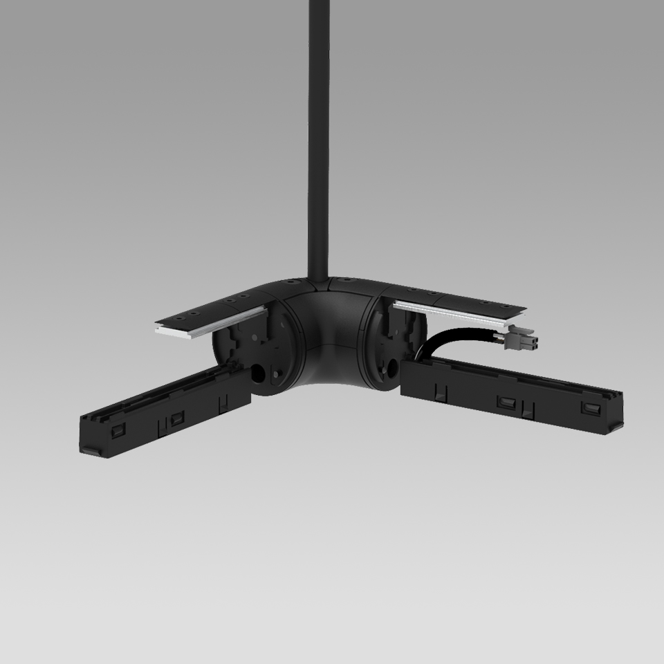 Artemide Gople System: black T-shaped ceiling track junction connector with suspension rod and electrical wiring for modular lighting