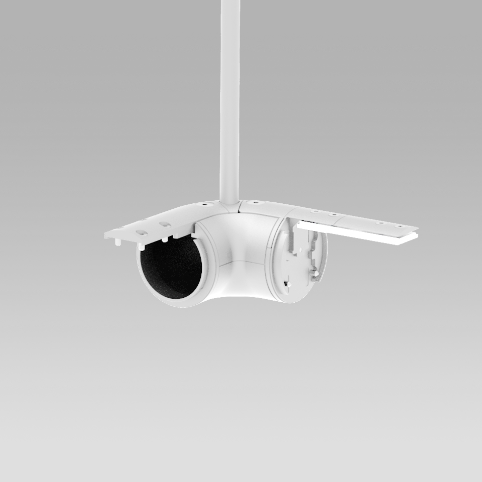 Artemide Gople System: white ceiling-mounted spotlight module with adjustable cylindrical head and black anti-glare insert, pendant installation