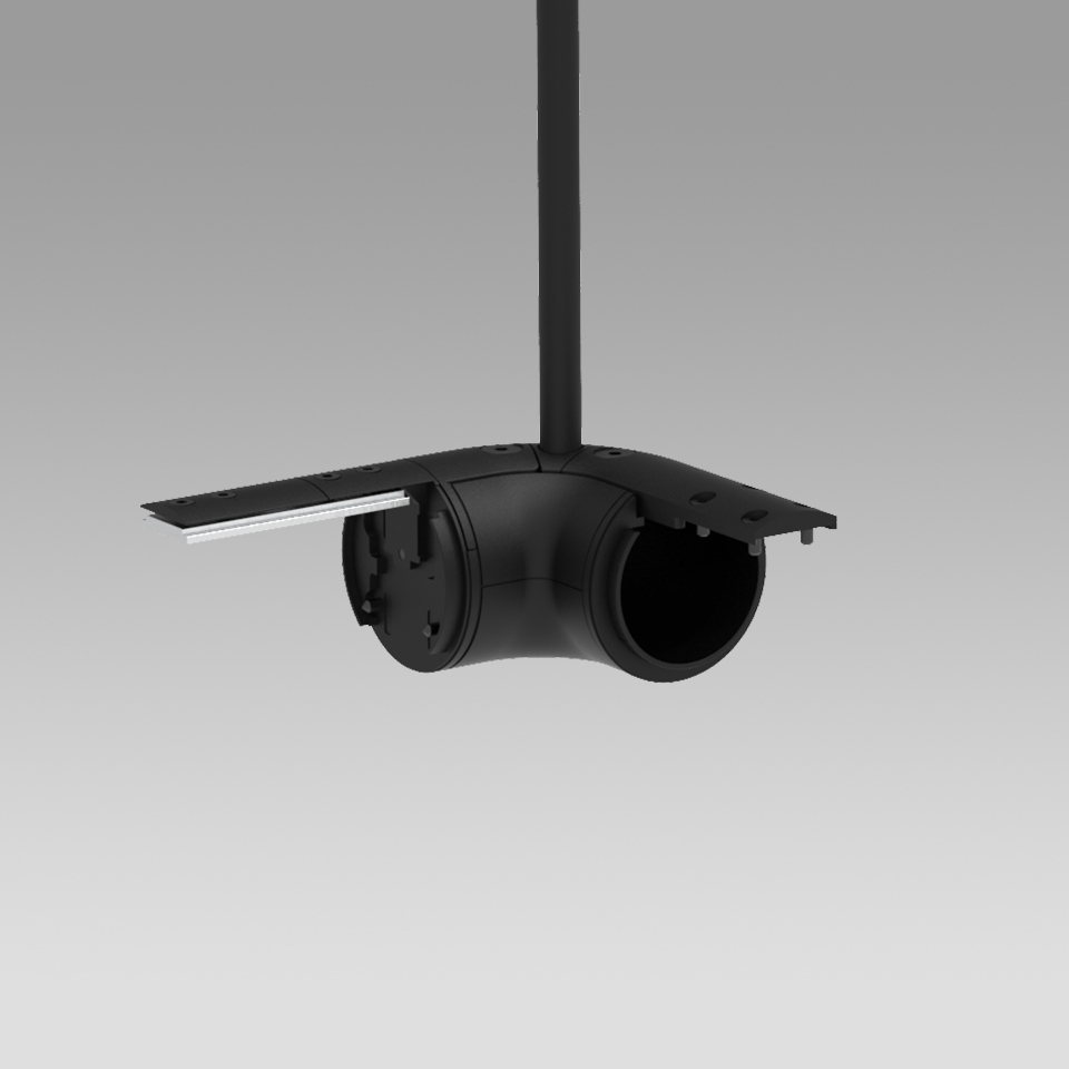 Artemide Gople System: black ceiling canopy with elbow joint and track connector, designed for modular pendant installation