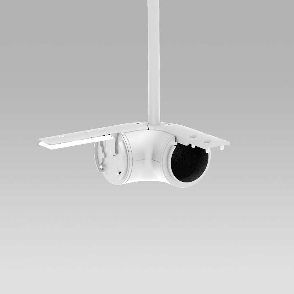 Artemide Gople System: white ceiling-mounted adjustable spotlight with spherical black interior head, suspended via rod with mounting bracket
