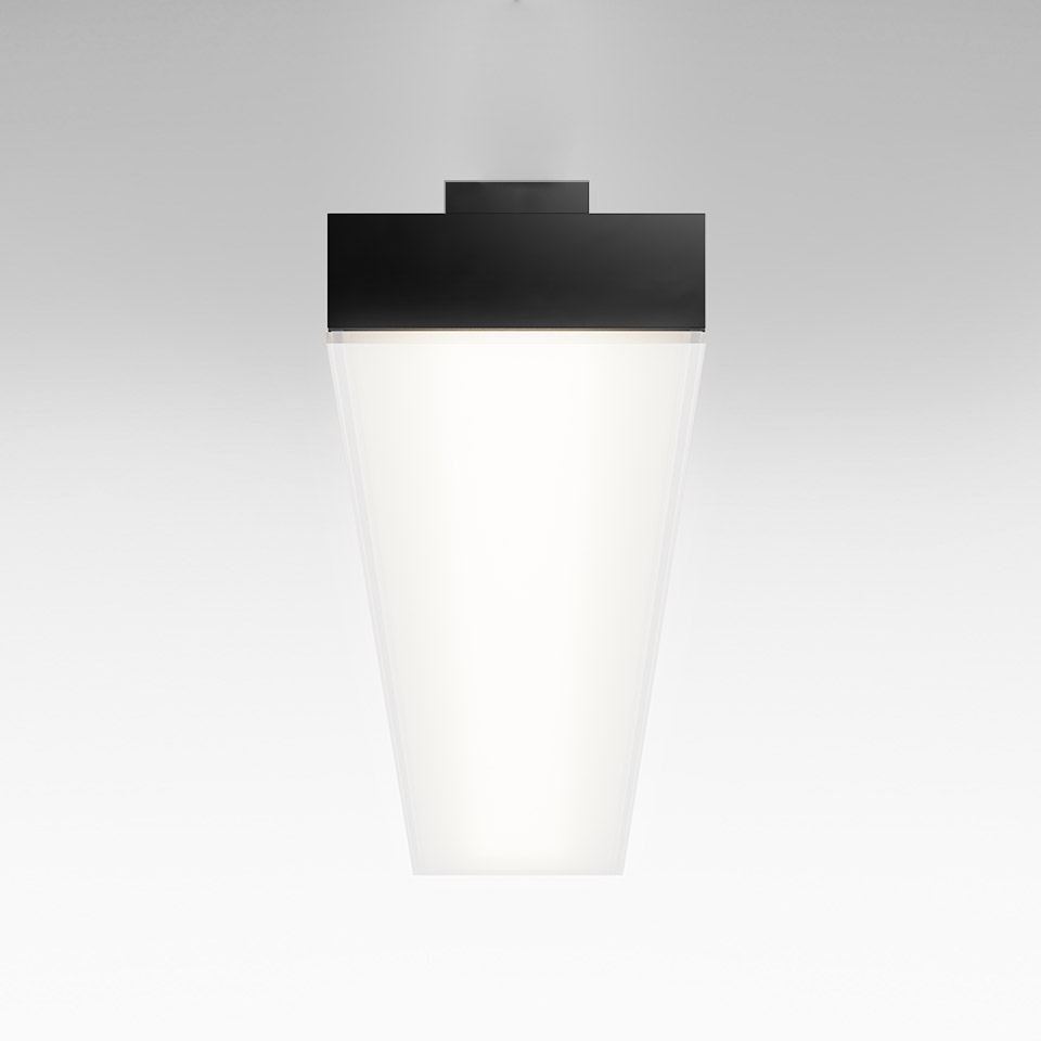Artemide Hoy ceiling lamp: black rectangular top housing with white opal tapered diffuser, providing soft downward illumination