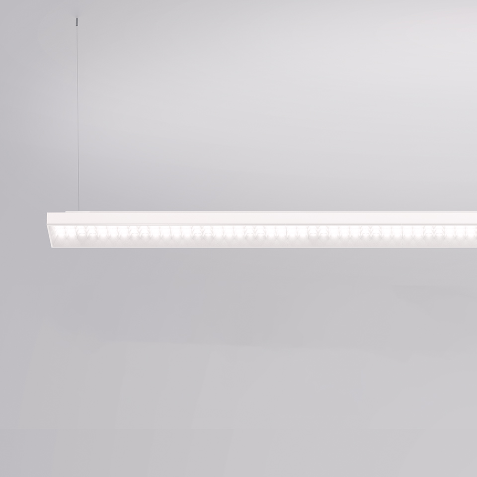 Artemide Hoy System: slim white linear LED pendant lamp with perforated diffuser, suspended by a thin cable from ceiling