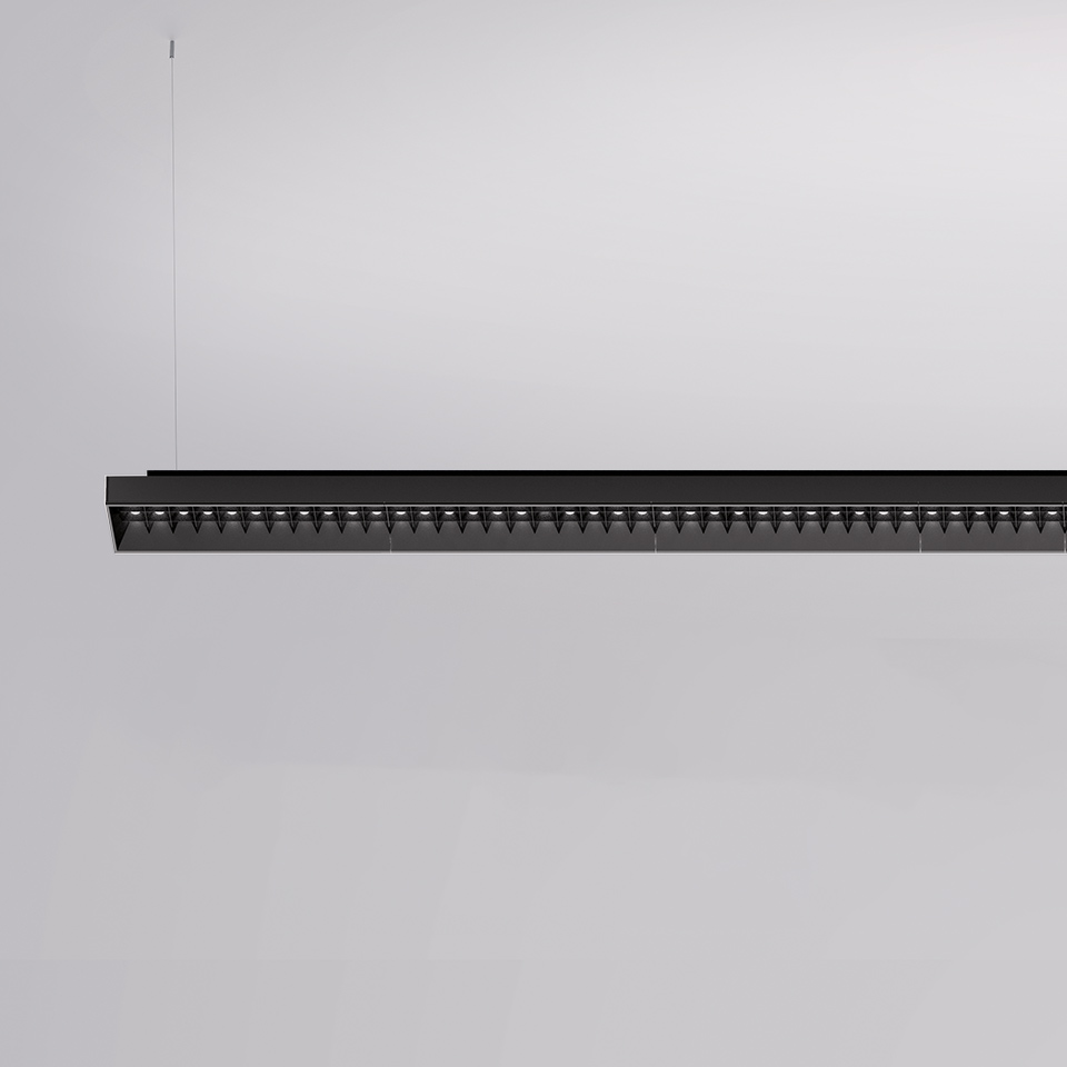Artemide Hoy System: sleek black linear pendant lamp with anti-glare louvered LED modules, suspended by thin cables