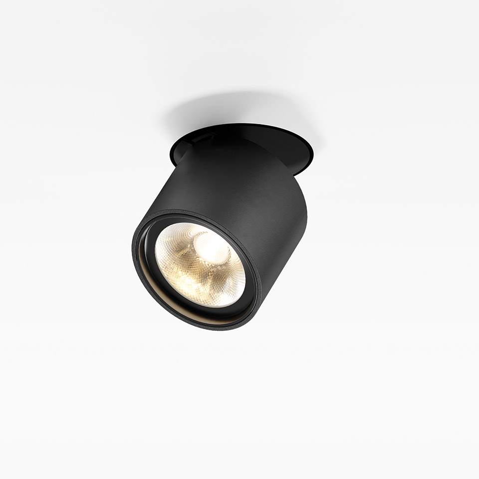Artemide Hoy Spot: black semi-recessed ceiling spotlight with adjustable cylindrical head and warm LED light source