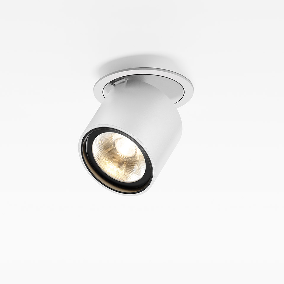 Artemide Hoy Spot: white semi-recessed ceiling spotlight with adjustable cylindrical head, black interior reflector, and warm LED light - 2