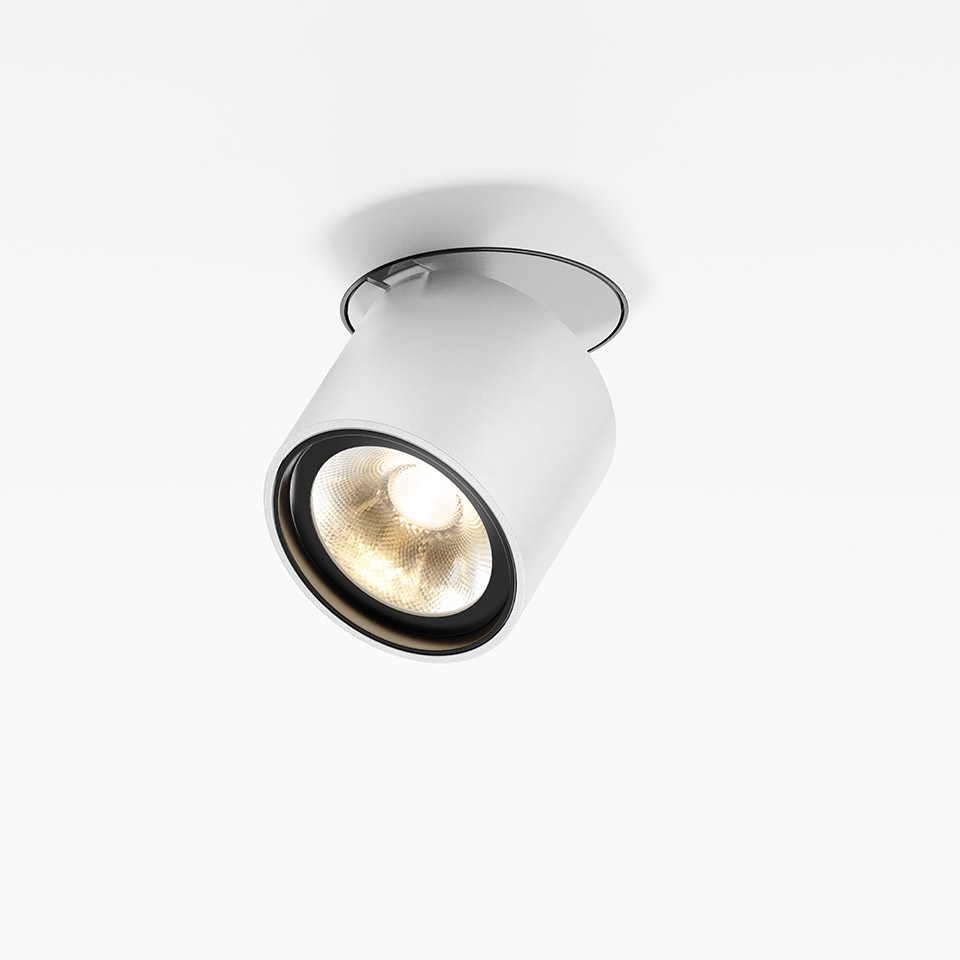 Artemide Hoy Spot: white semi-recessed ceiling spotlight with adjustable cylindrical head, black interior, and LED light source