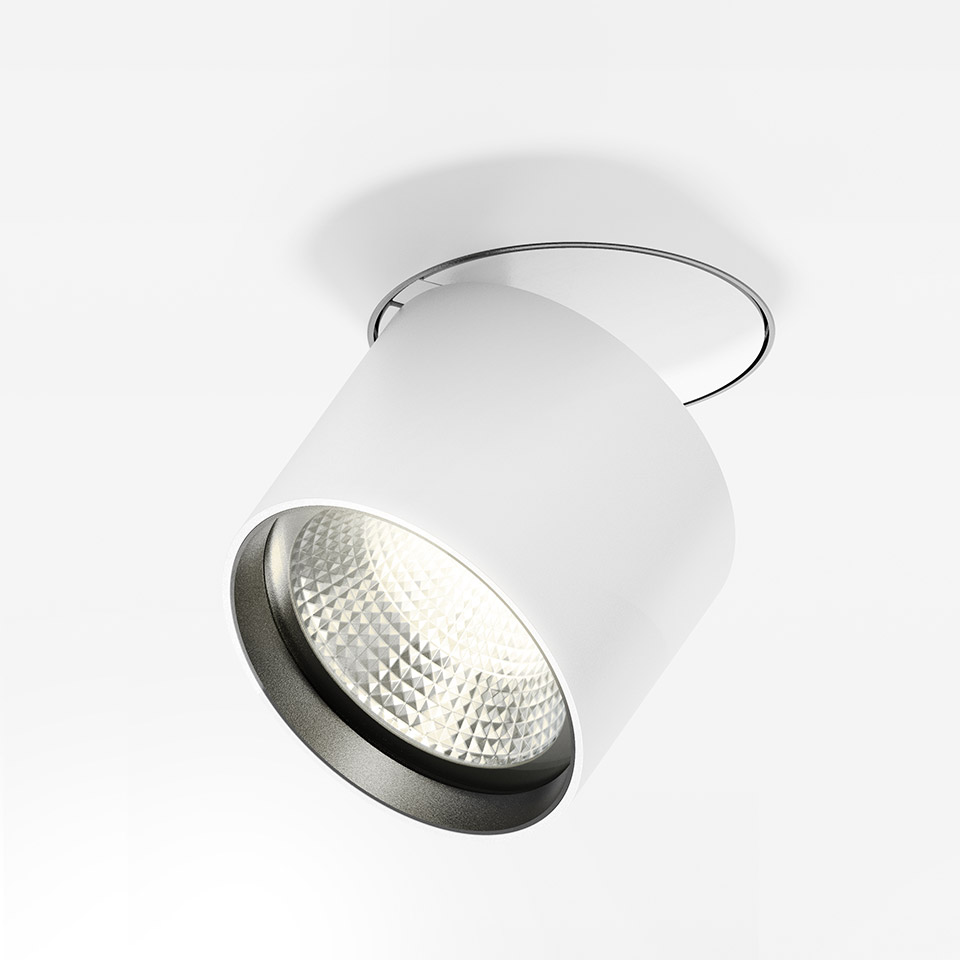 Artemide Hoy Spot recessed ceiling spotlight, white cylindrical body, tilted head with faceted LED lens and dark metal trim ring - 2