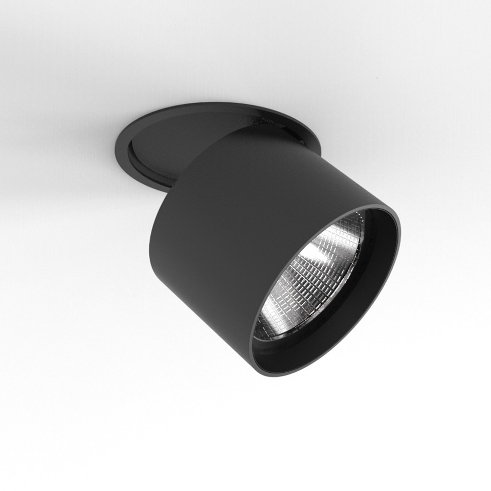 Artemide Hoy Spot recessed ceiling spotlight in matte black, with adjustable cylindrical head and LED light source