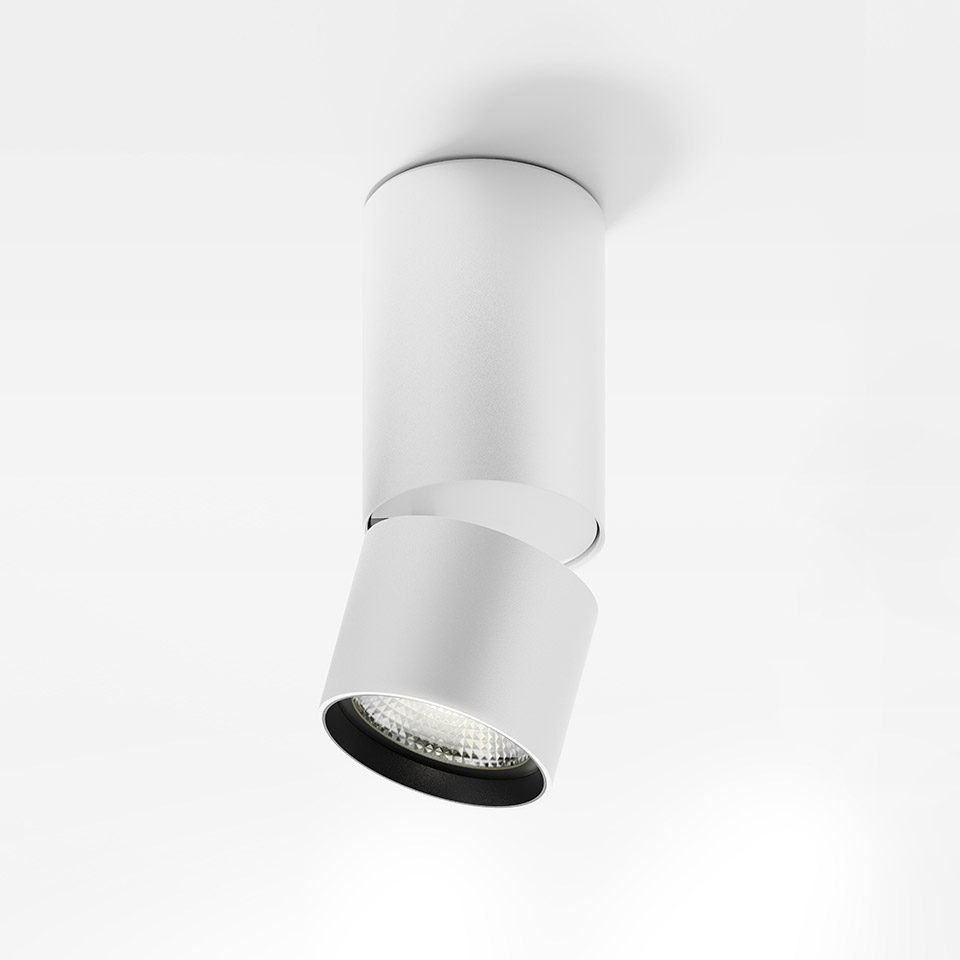 Artemide Hoy Spot SMD: white cylindrical surface-mounted ceiling spotlight with adjustable tilting head and LED light source