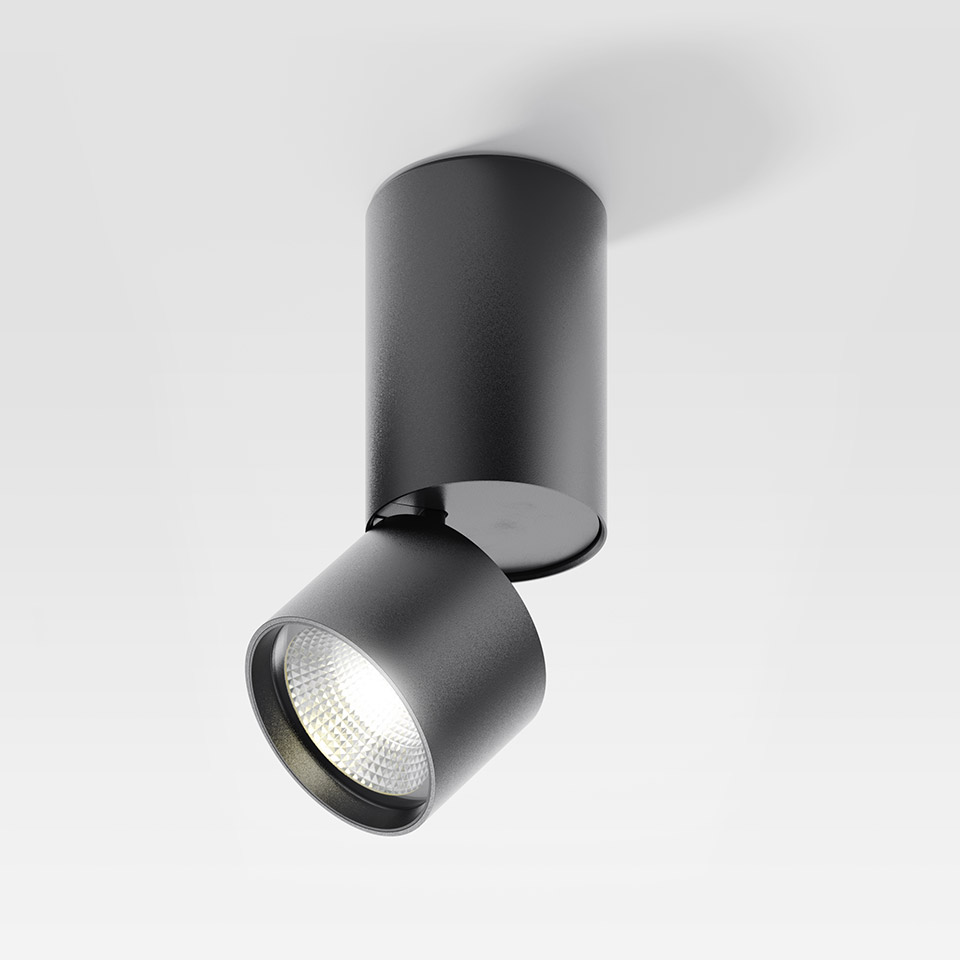 Artemide Hoy Spot SMD: black adjustable ceiling spotlight with cylindrical body and tilting LED head mounted on surface