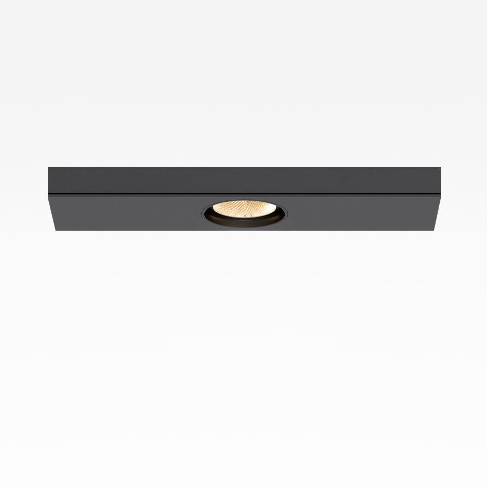 Artemide Hoy System Recessed ceiling light: slim rectangular black housing with single adjustable LED spotlight, warm white light