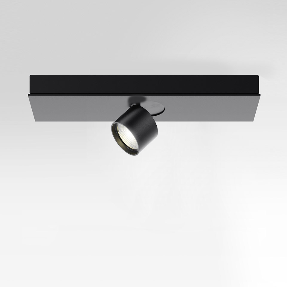 Artemide Hoy System Recessed: black ceiling spotlight with adjustable cylindrical LED head mounted on a rectangular recessed base