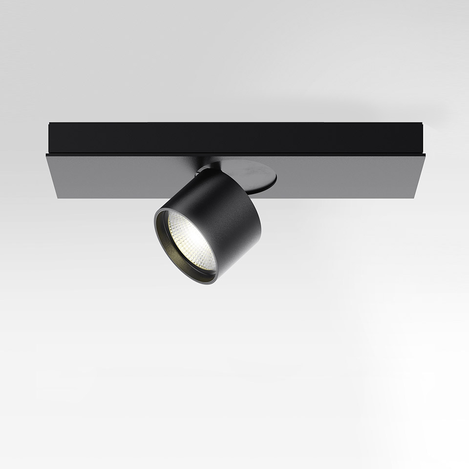 Artemide Hoy System Recessed: black adjustable single spotlight on rectangular recessed track mount with LED light source