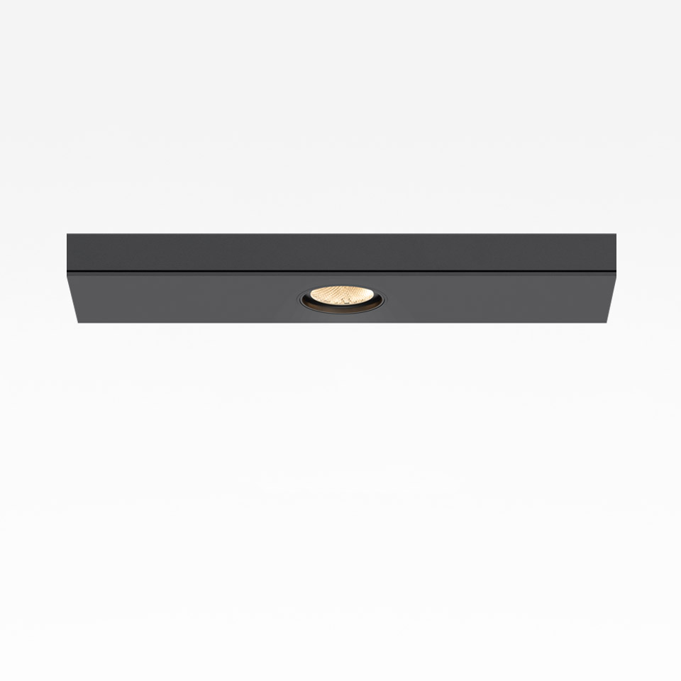 Artemide Hoy System Recessed ceiling light: slim rectangular black housing with single centered LED spotlight for recessed installation